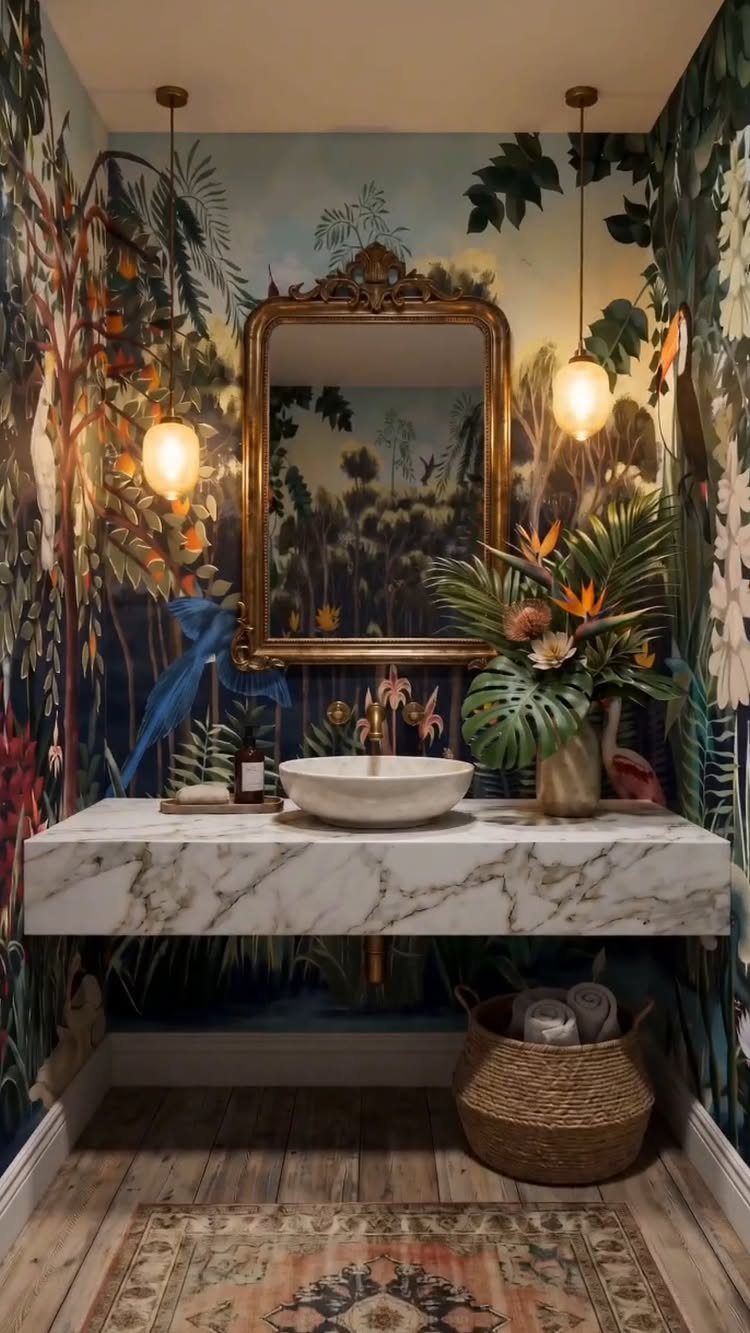 Tropical jungle wallpaper decorates a small bathroom with a marble floating vanity and gold mirror.