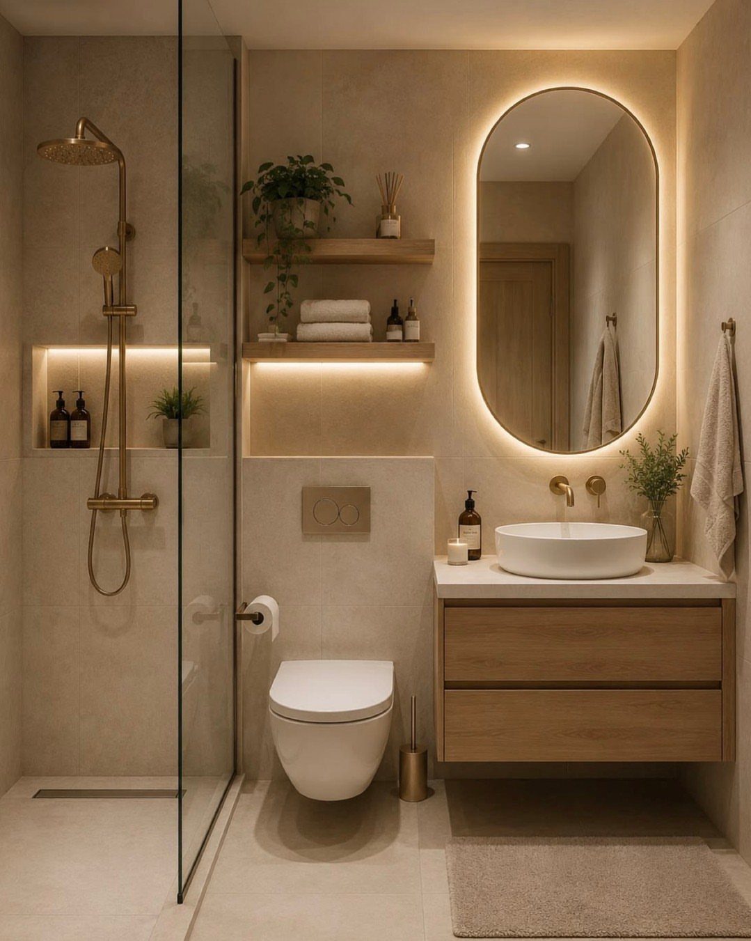Modern small bathroom with a wooden floating vanity, vessel sink, and backlit oval mirror.