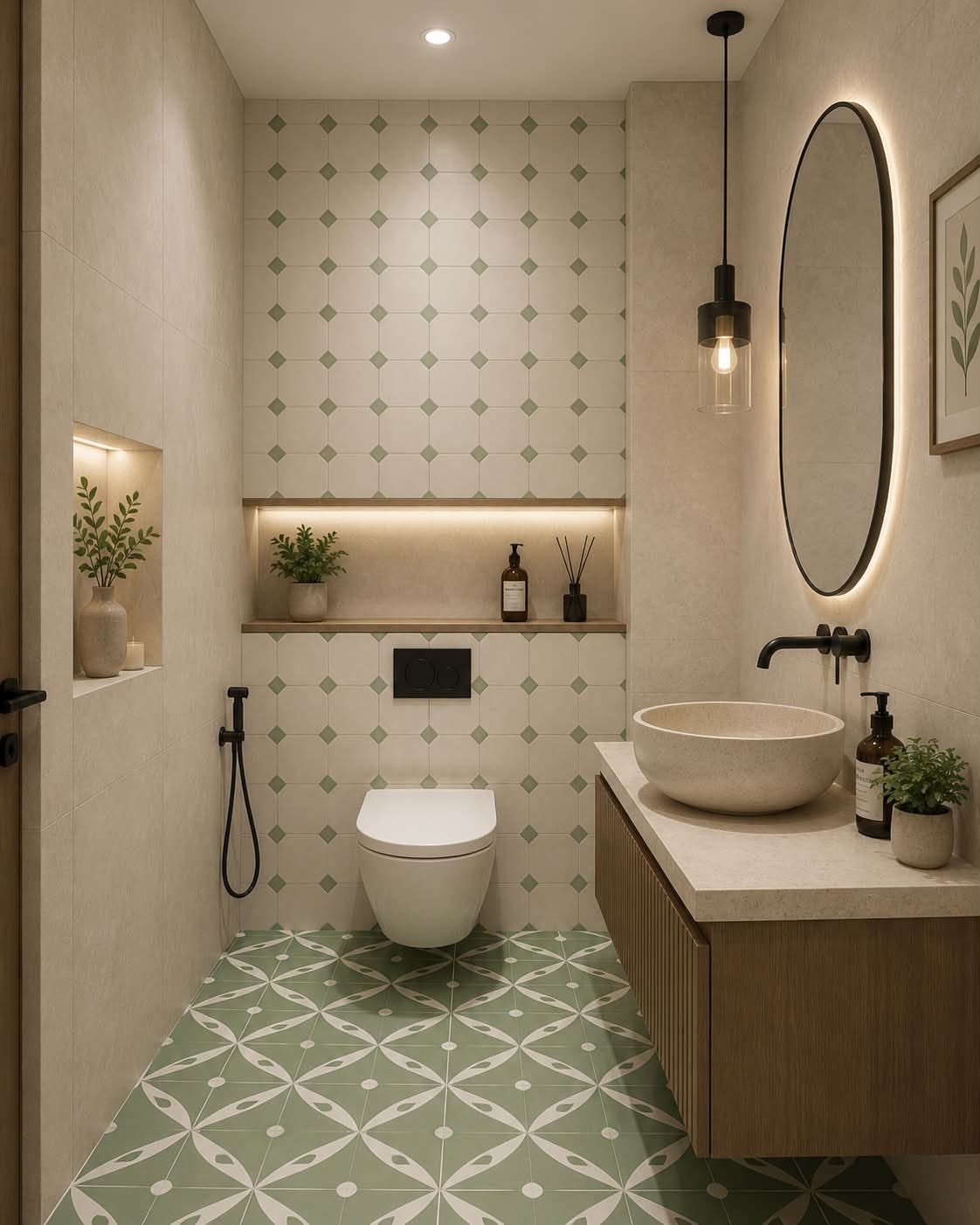 Green and white geometric patterned tiles on a bathroom floor near a white toilet.
