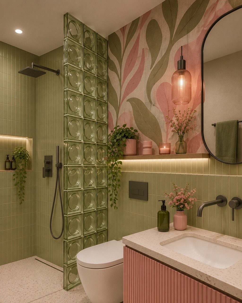Modern bathroom with sage green tiles, botanical wallpaper, and a glass block shower partition.