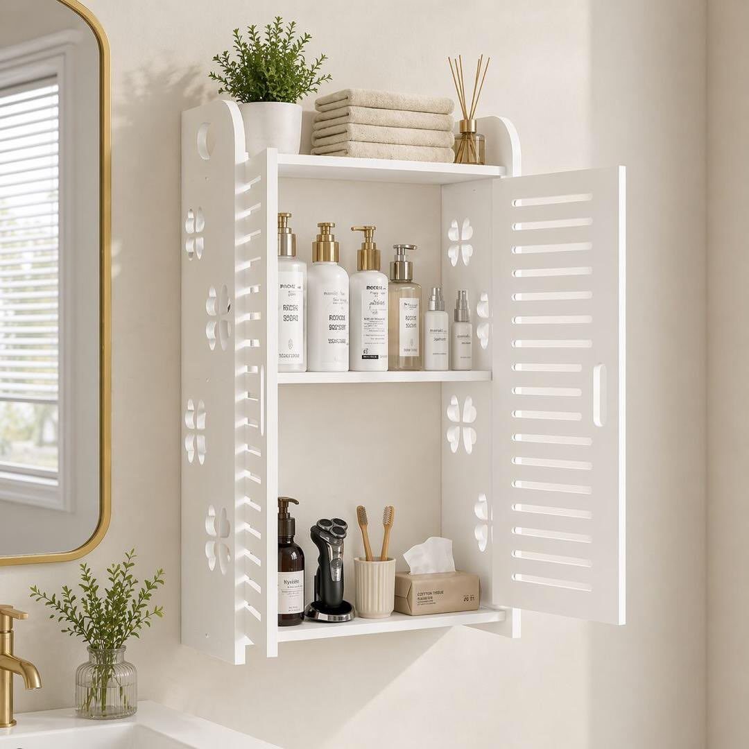 A white wall-mounted medicine cabinet with open shelves containing various bathroom toiletries and skincare products.