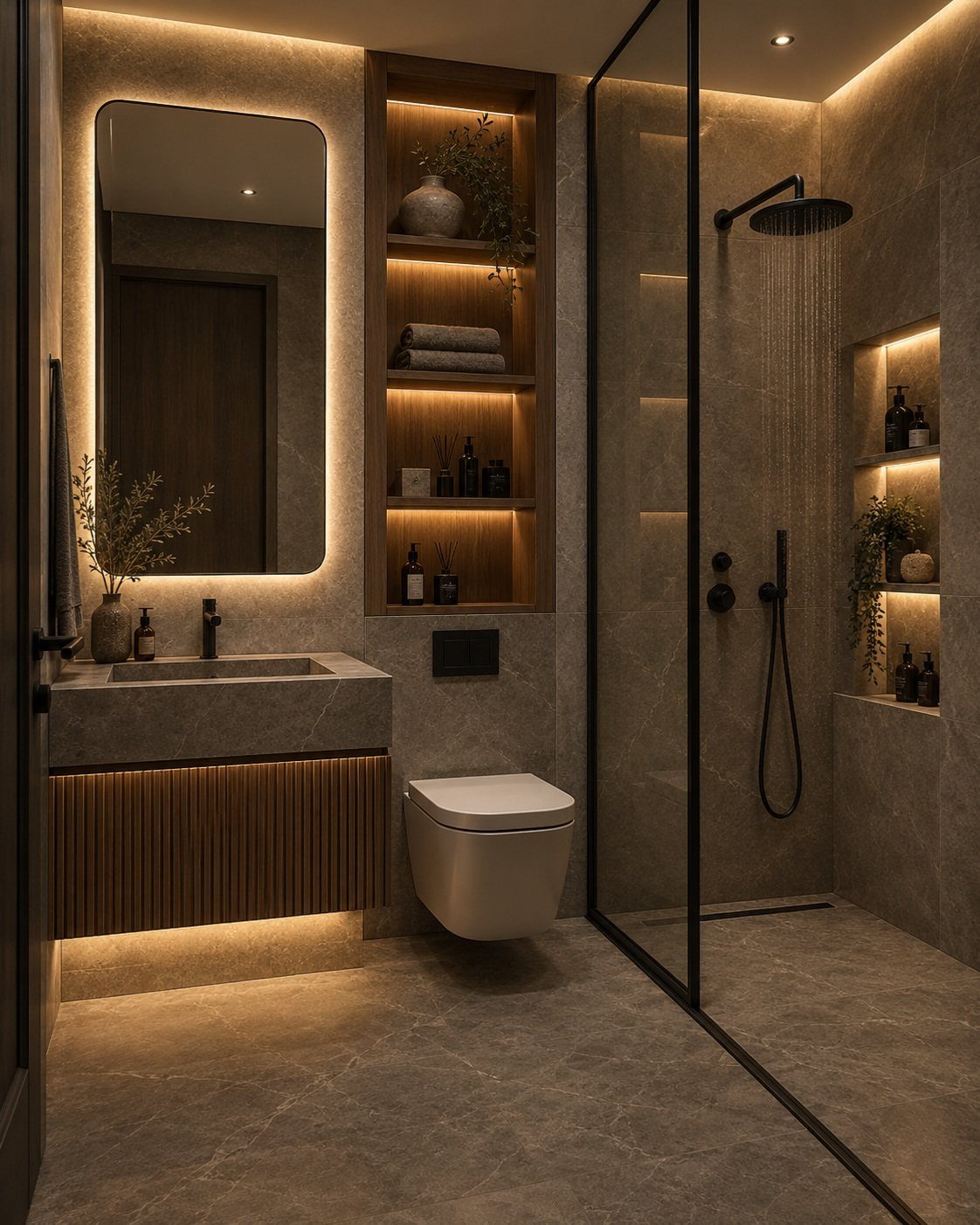 Modern bathroom with warm integrated lighting, a backlit mirror, and illuminated wooden recessed shelves.