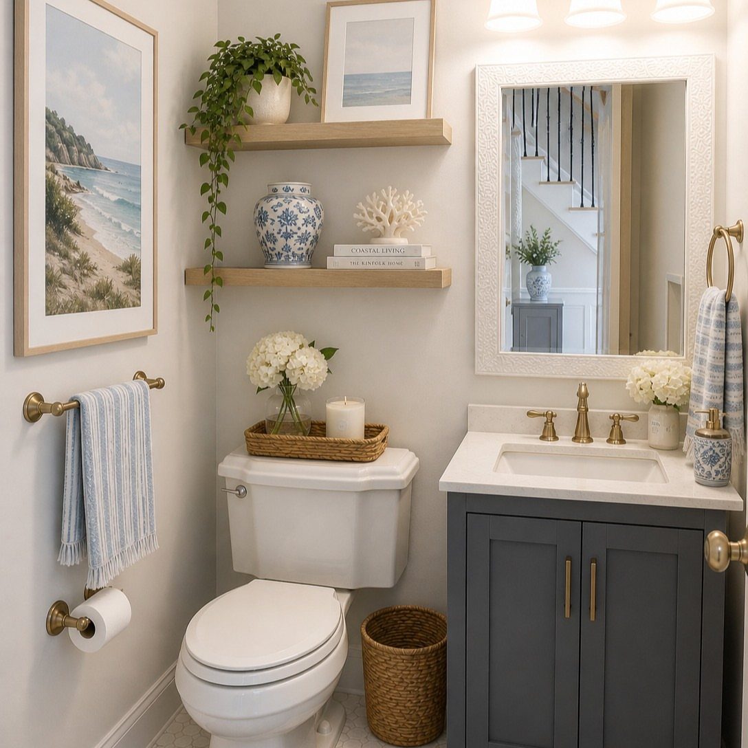 Small bathroom with a white toilet, grey vanity, and wooden floating shelves on a light wall.