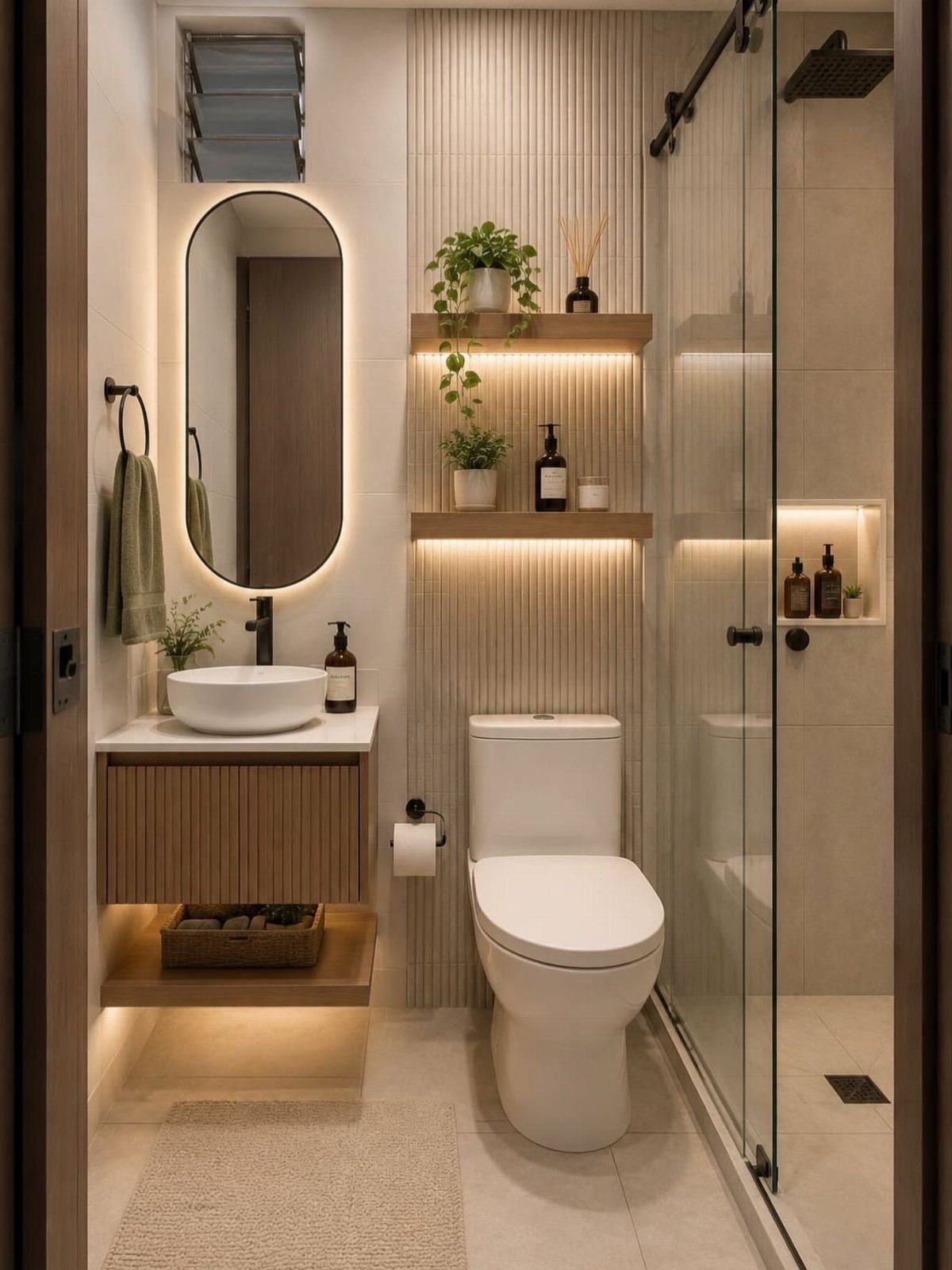 Modern small bathroom with a wooden floating vanity, vessel sink, backlit mirror, and glass shower door.