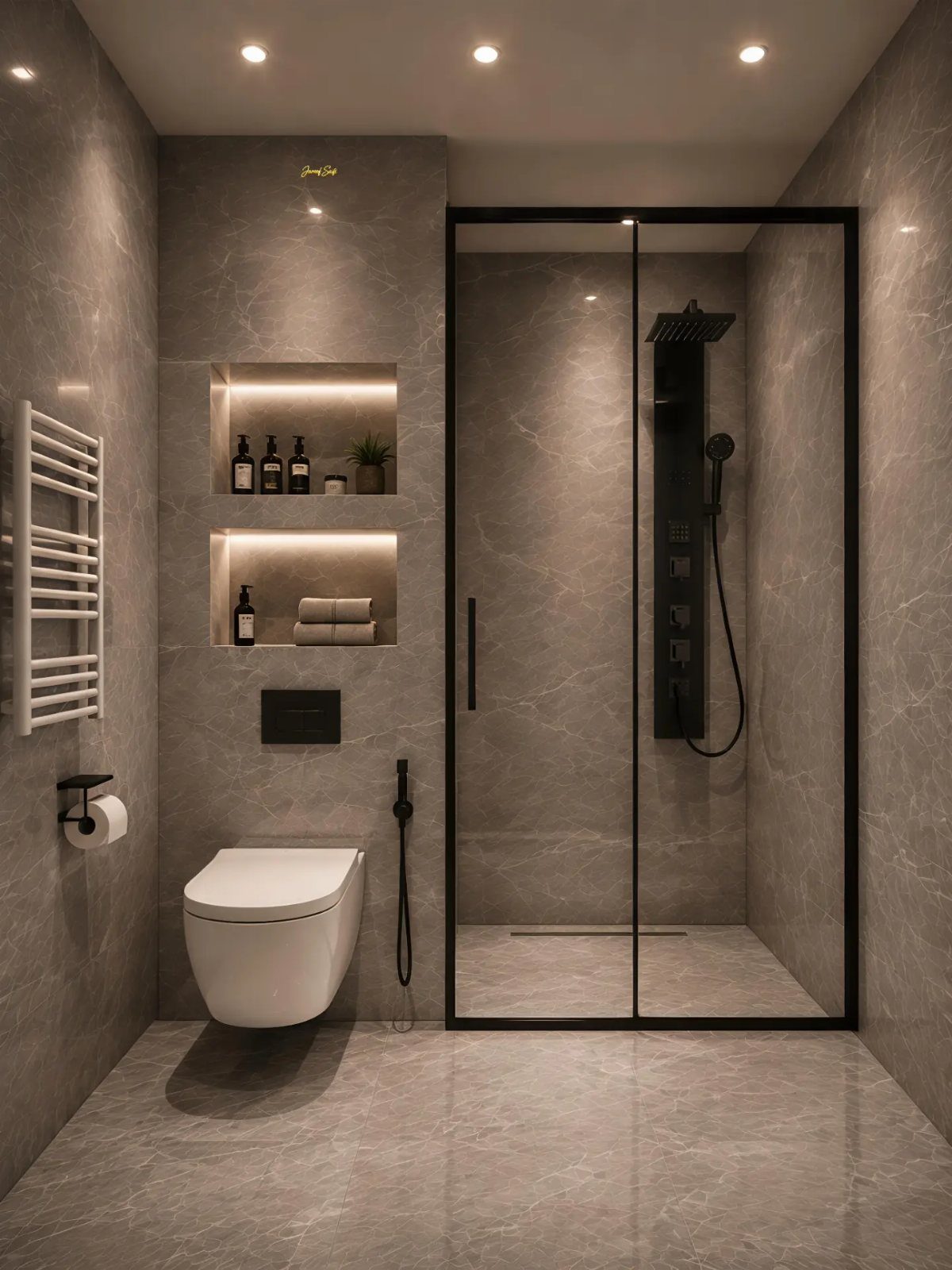 Modern grey marble bathroom featuring a wall-mounted toilet and a tall black shower fixture.