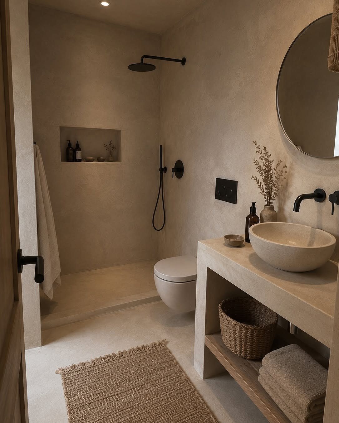 A minimalist bathroom with stone textures, a vessel sink, and natural woven accents.