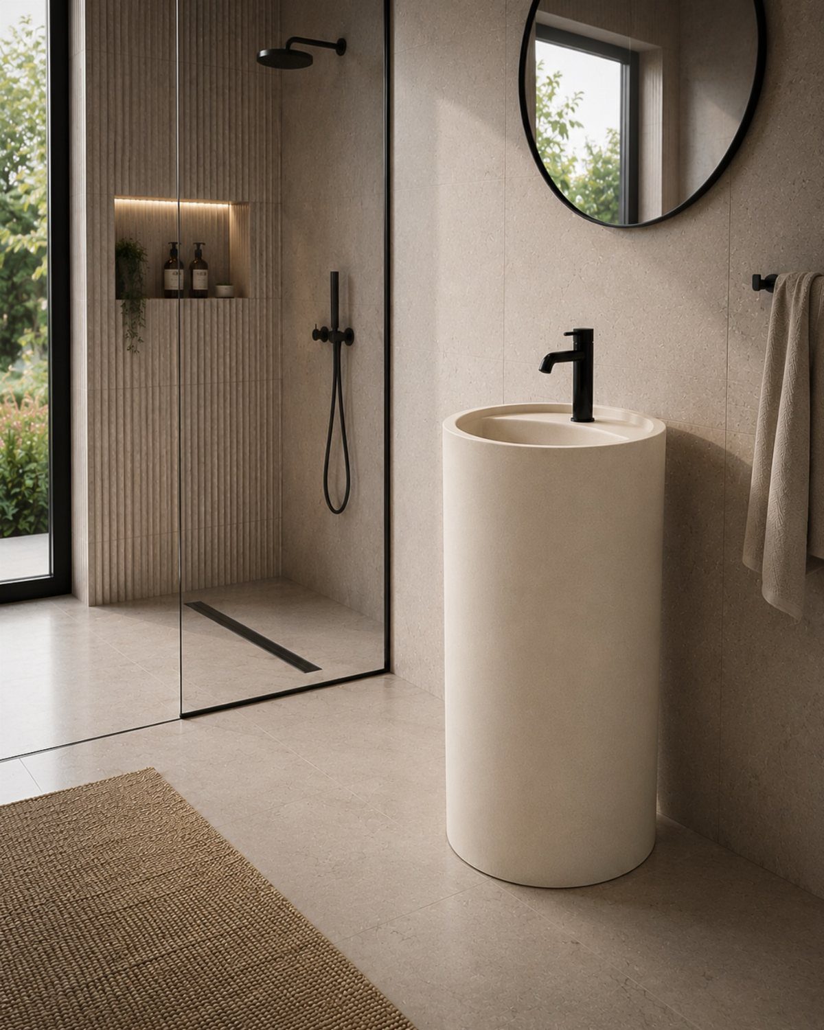 A white cylindrical pedestal sink with a black faucet in a modern bathroom.