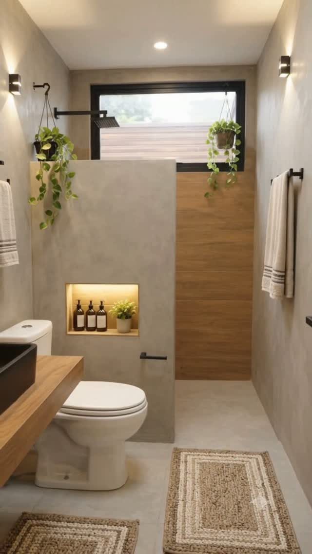 Modern small bathroom with a wooden countertop, white toilet, and recessed storage niche with plants.