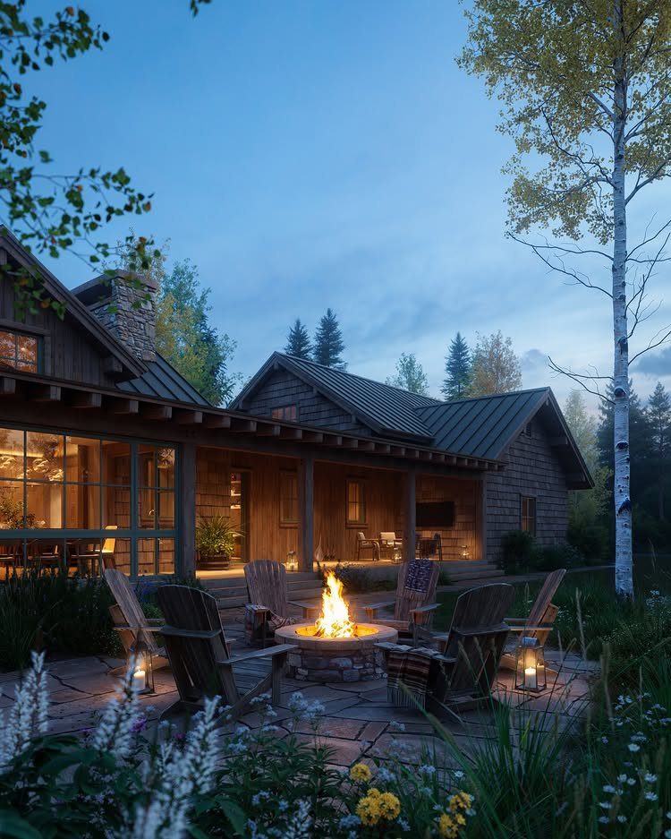 A glowing stone fire pit surrounded by wooden Adirondack chairs on a stone patio at dusk.