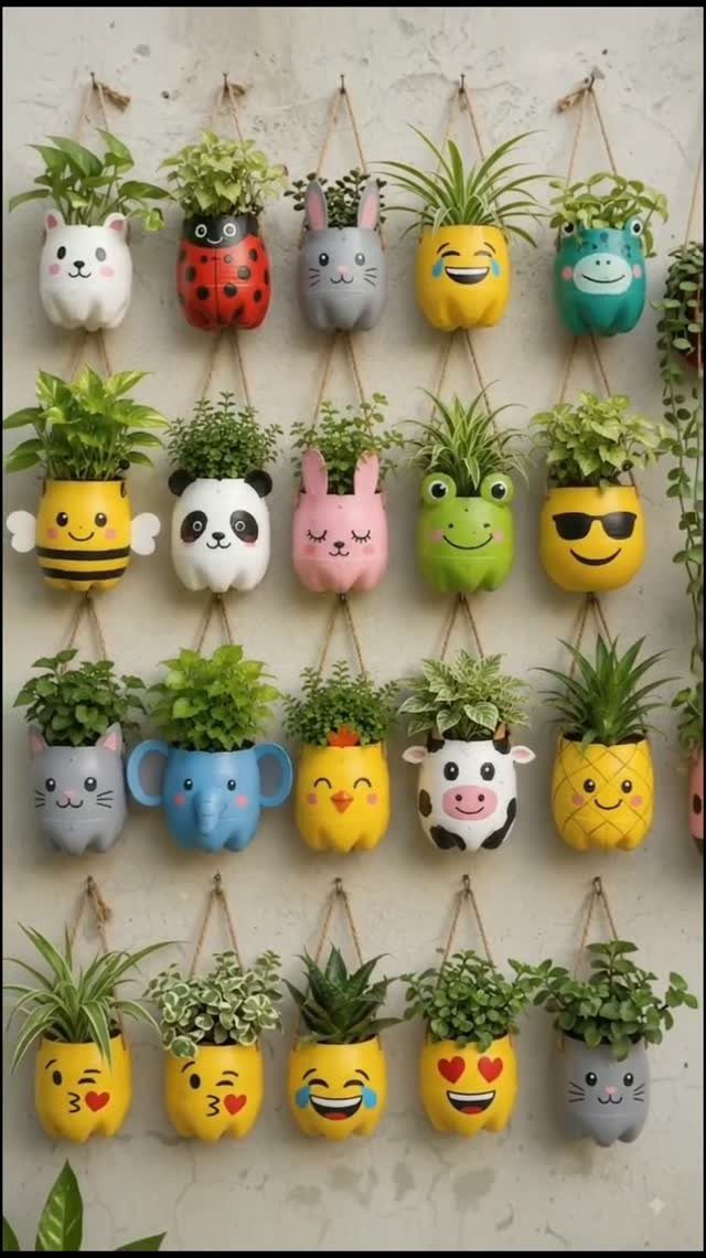 Colorful animal-shaped planters with green plants hanging on a light wall.