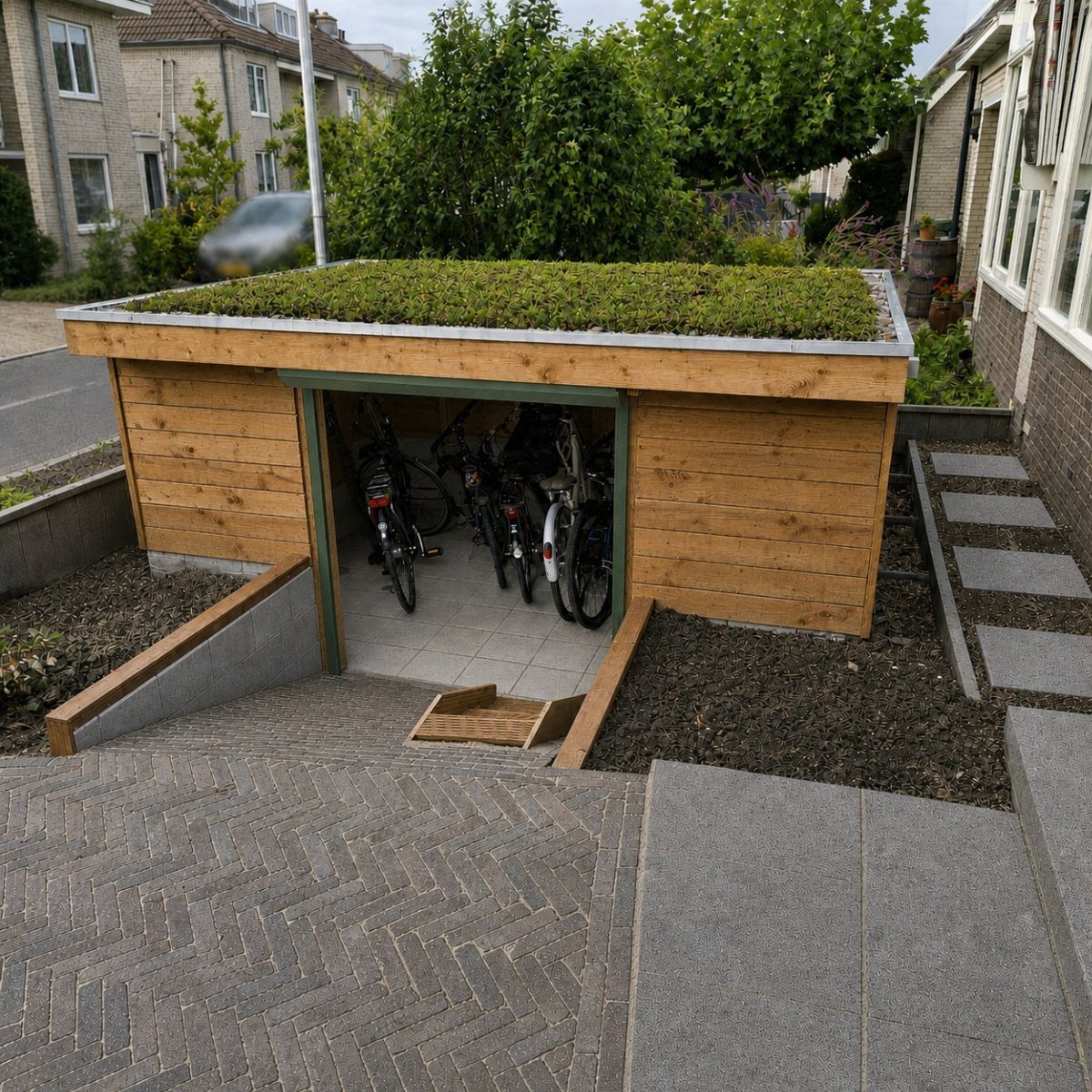 A wooden storage shed featuring a lush green living roof with bicycles parked inside.