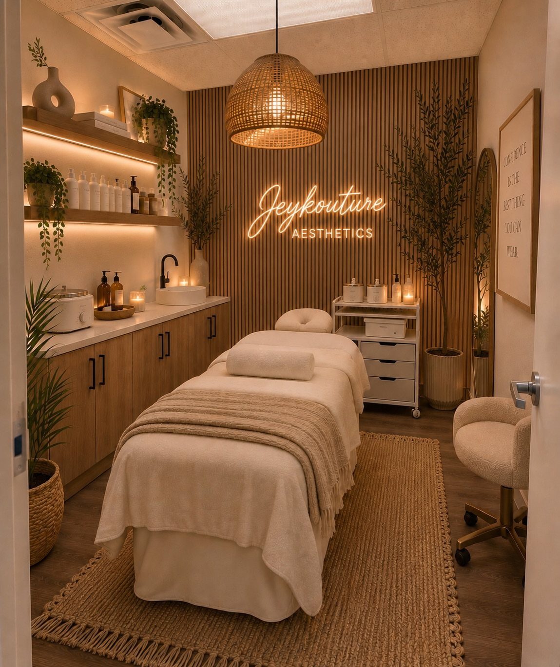 A serene spa treatment room with a massage table, wooden cabinets, and warm lighting.