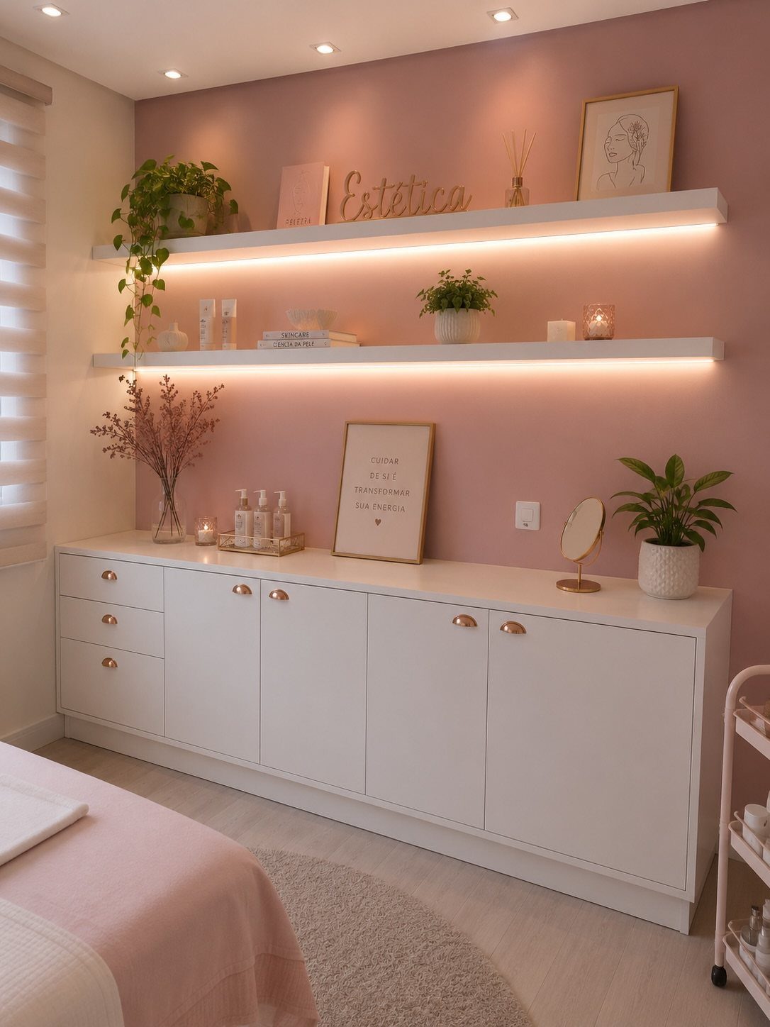 White storage cabinets and illuminated floating shelves against a pink wall in a spa room.