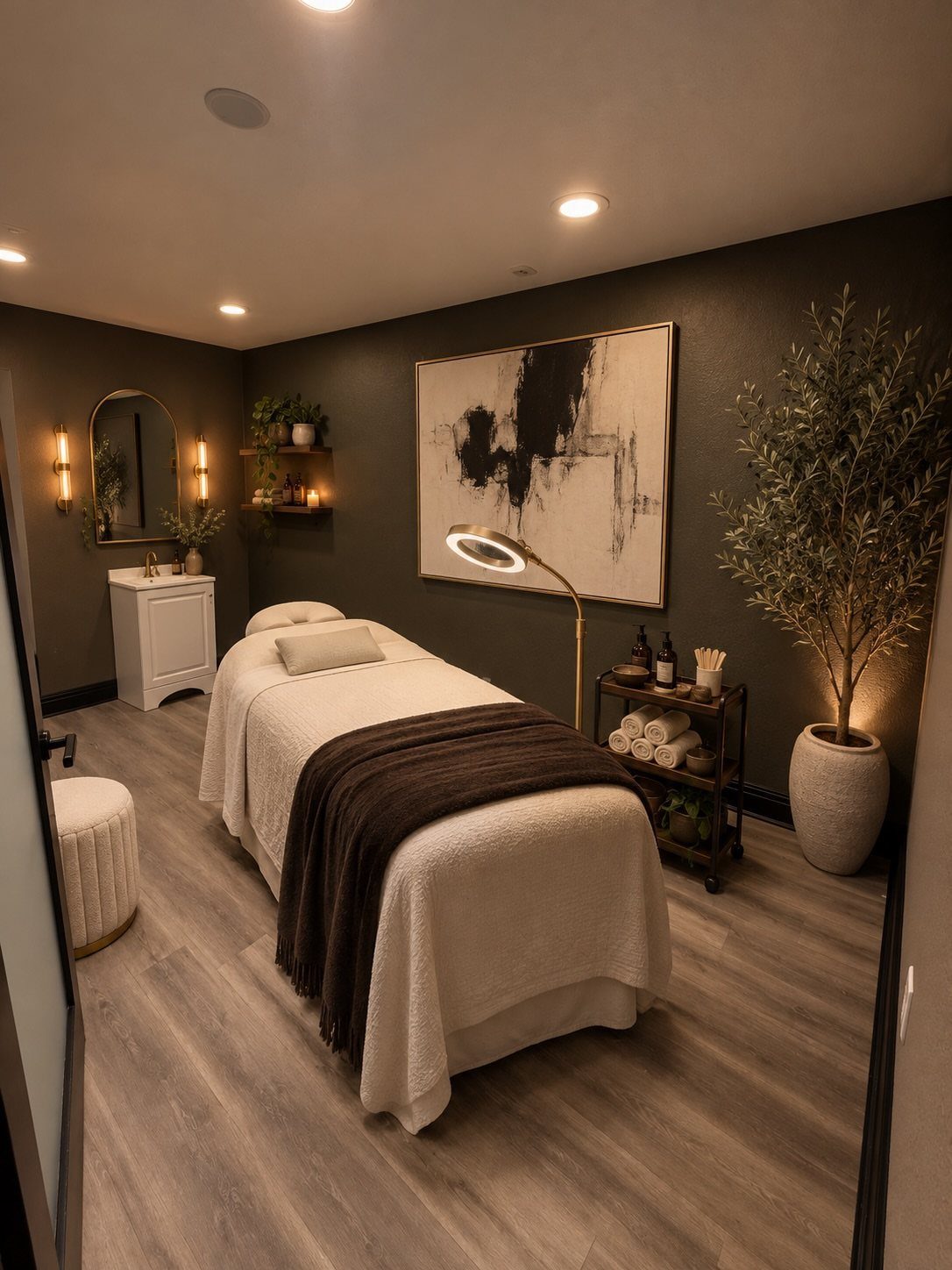 A massage table with white linens and a brown throw in a dark grey spa room.