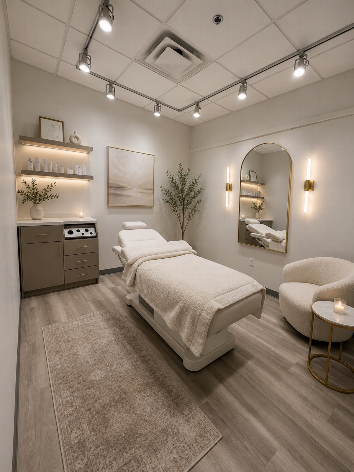 A serene spa treatment room with a massage table, grey storage cabinet, and minimalist decor.