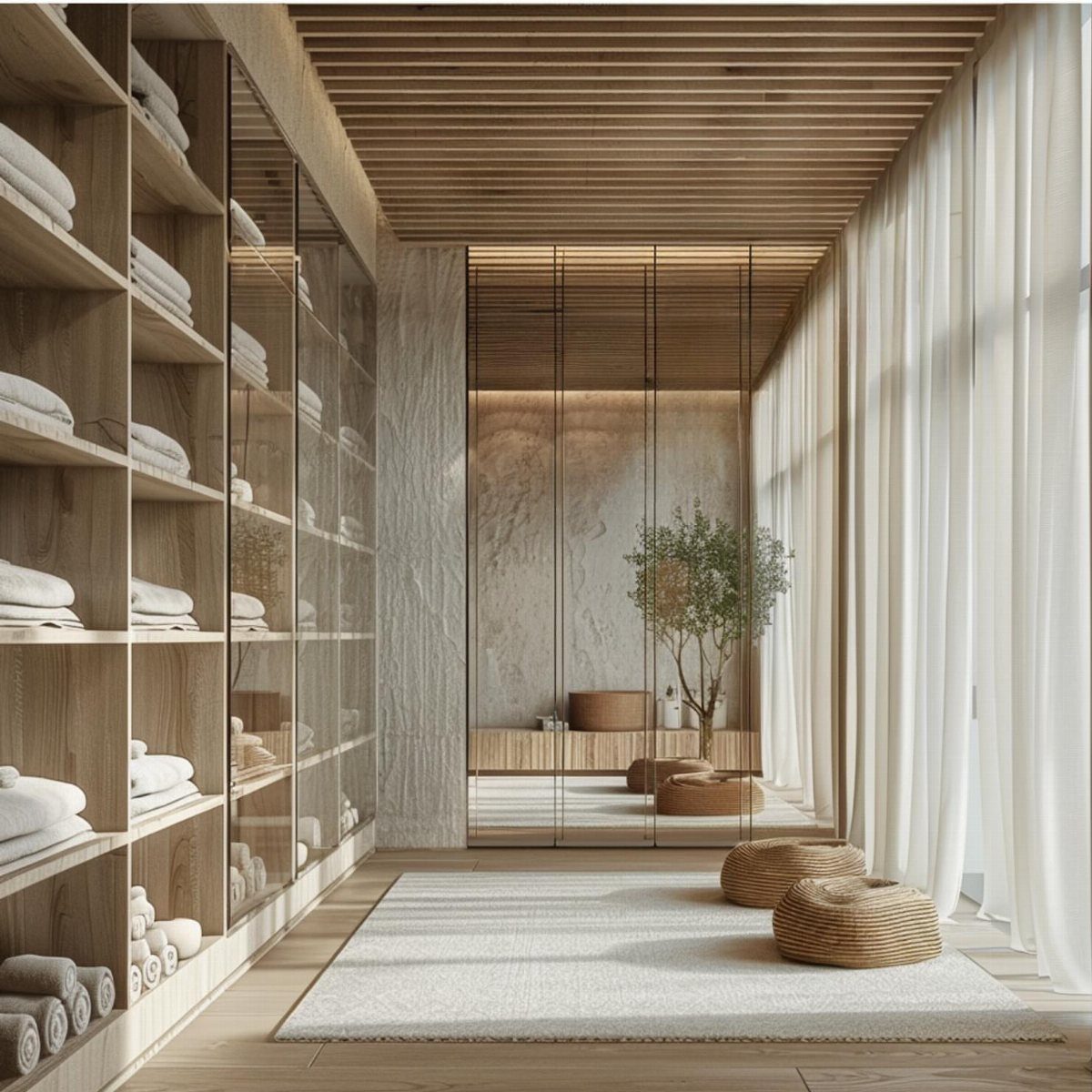 Wooden shelving units filled with neatly folded white towels in a minimalist spa room.
