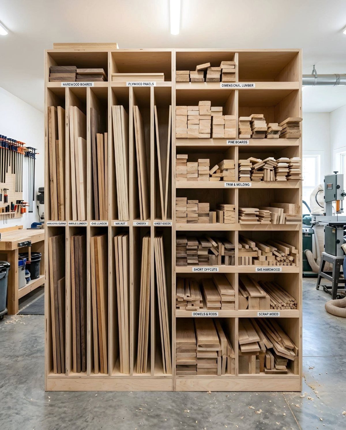 Large wooden storage unit with organized compartments filled with various types of lumber and wood scraps.