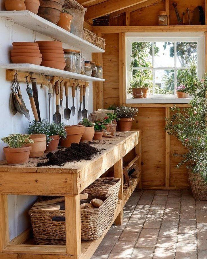 Wooden potting bench with terracotta pots and gardening tools inside a sunlit wooden shed.