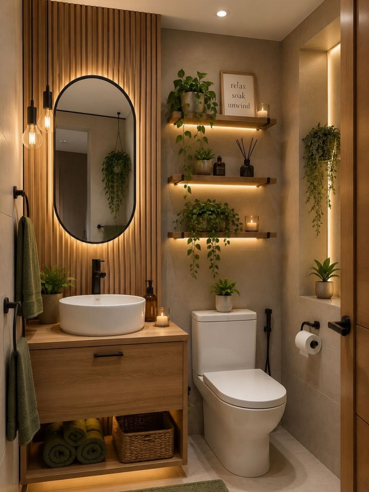Green potted plants sitting on wooden floating shelves in a modern, well-lit bathroom.