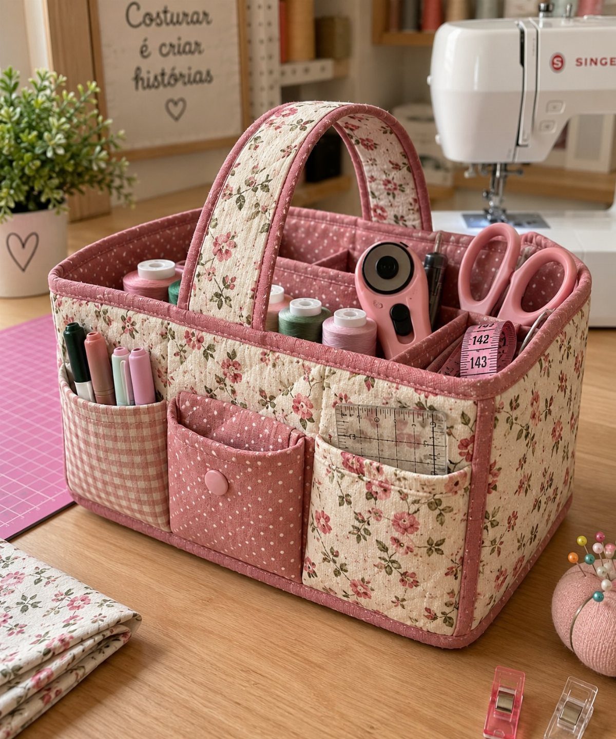 Pink floral fabric sewing organizer basket with pockets containing thread, markers, and tools on a wooden table.