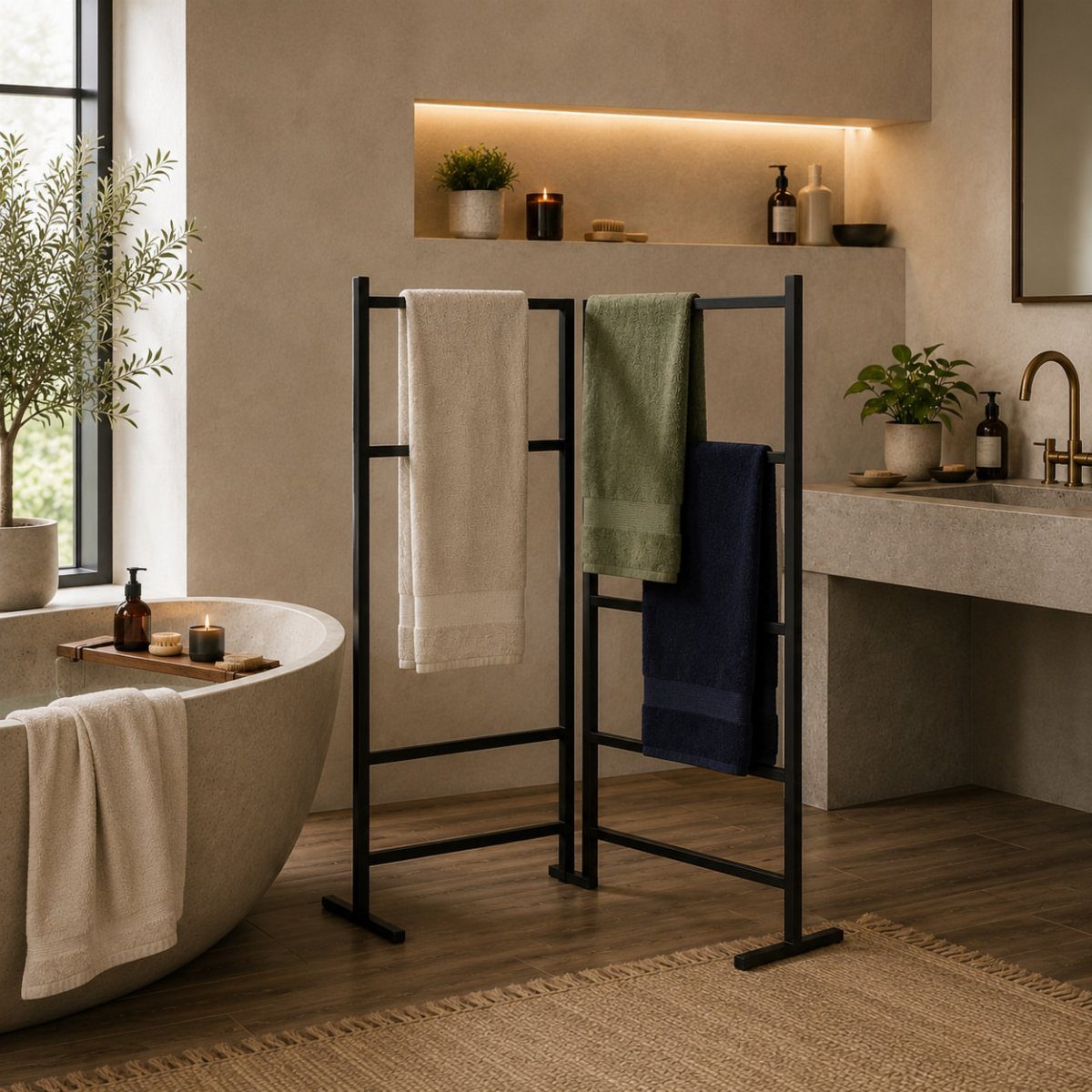 Black metal freestanding towel rack holding white, green, and navy towels in a modern bathroom.