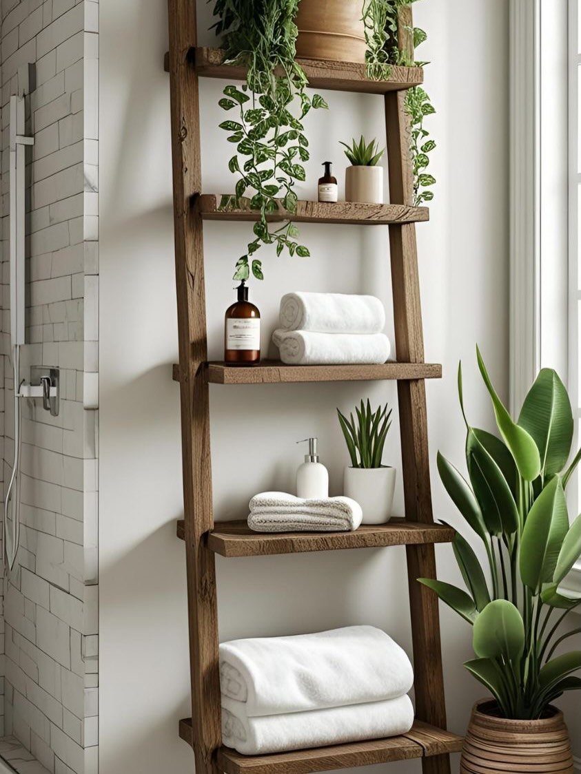 A wooden ladder-style towel rack with white towels and small plants against a white wall.