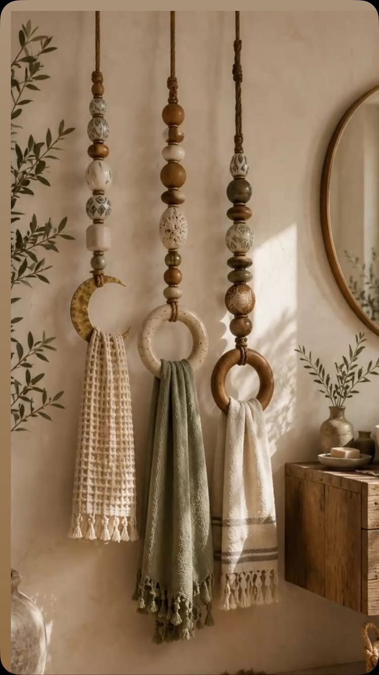 Three hanging wooden bead towel holders with circular rings holding textured towels on a wall.
