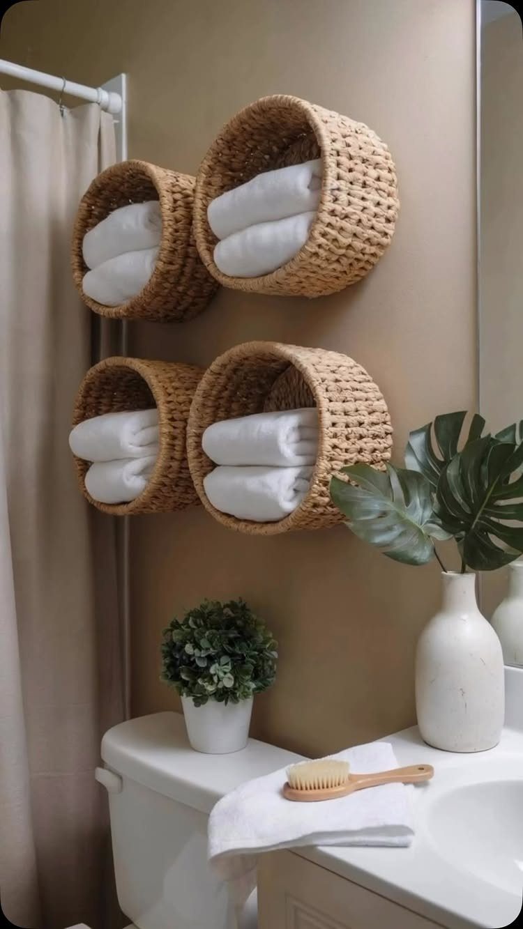 Four woven wicker baskets filled with white towels mounted on a tan bathroom wall.