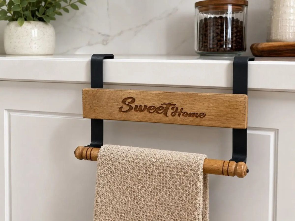 A black metal over-the-cabinet towel rack with a wooden bar engraved with Sweet Home.