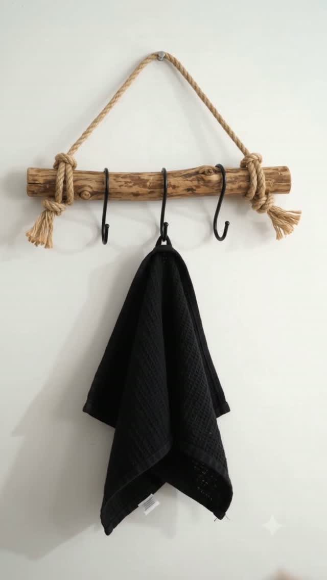 A rustic wooden branch towel rack with black hooks hanging a black towel on a white wall.