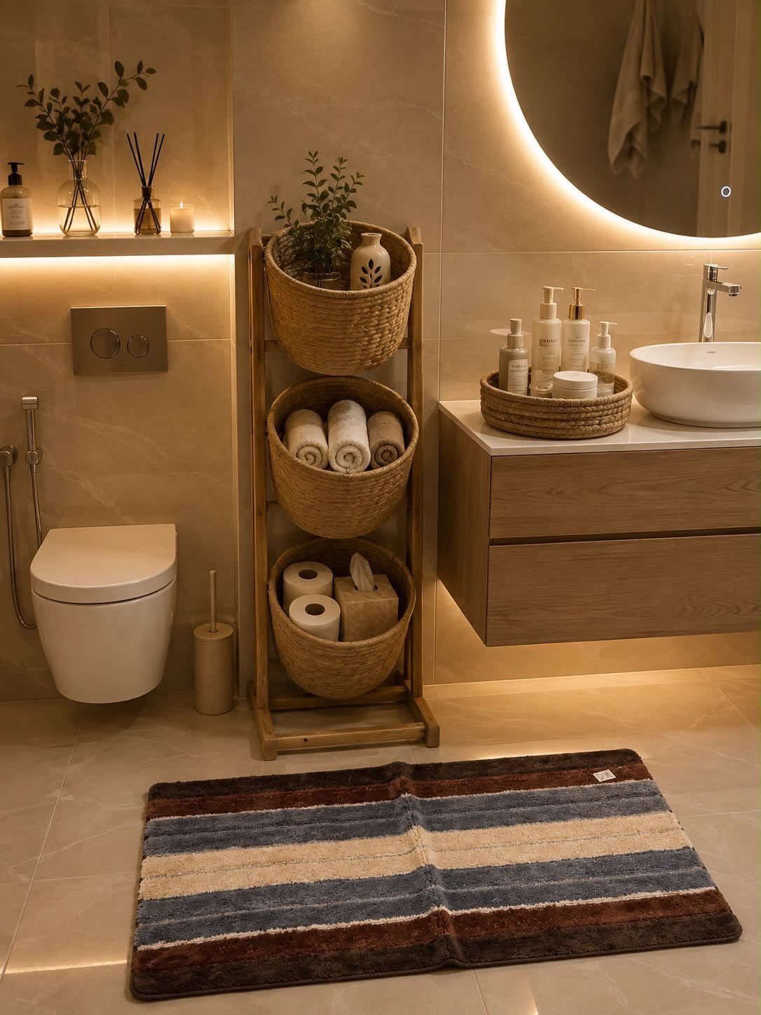 Three woven baskets on a wooden stand holding towels and toilet paper in a bathroom.