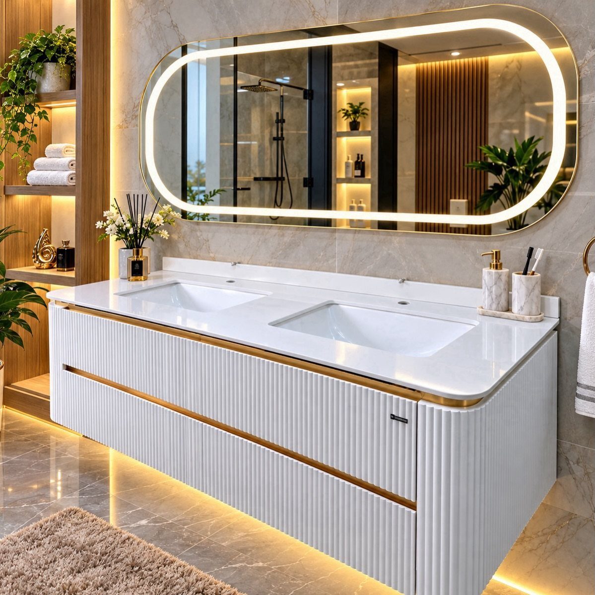 White fluted bathroom vanity with double sinks and a large backlit oval mirror.